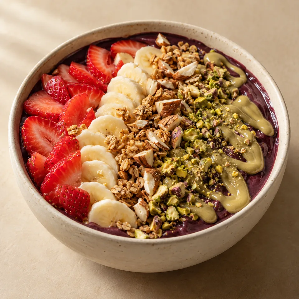 Bowl de açaí Pistachio Lover con Fresa, Plátano, Granola sin gluten, Almendra troceada, Crema de pistacho