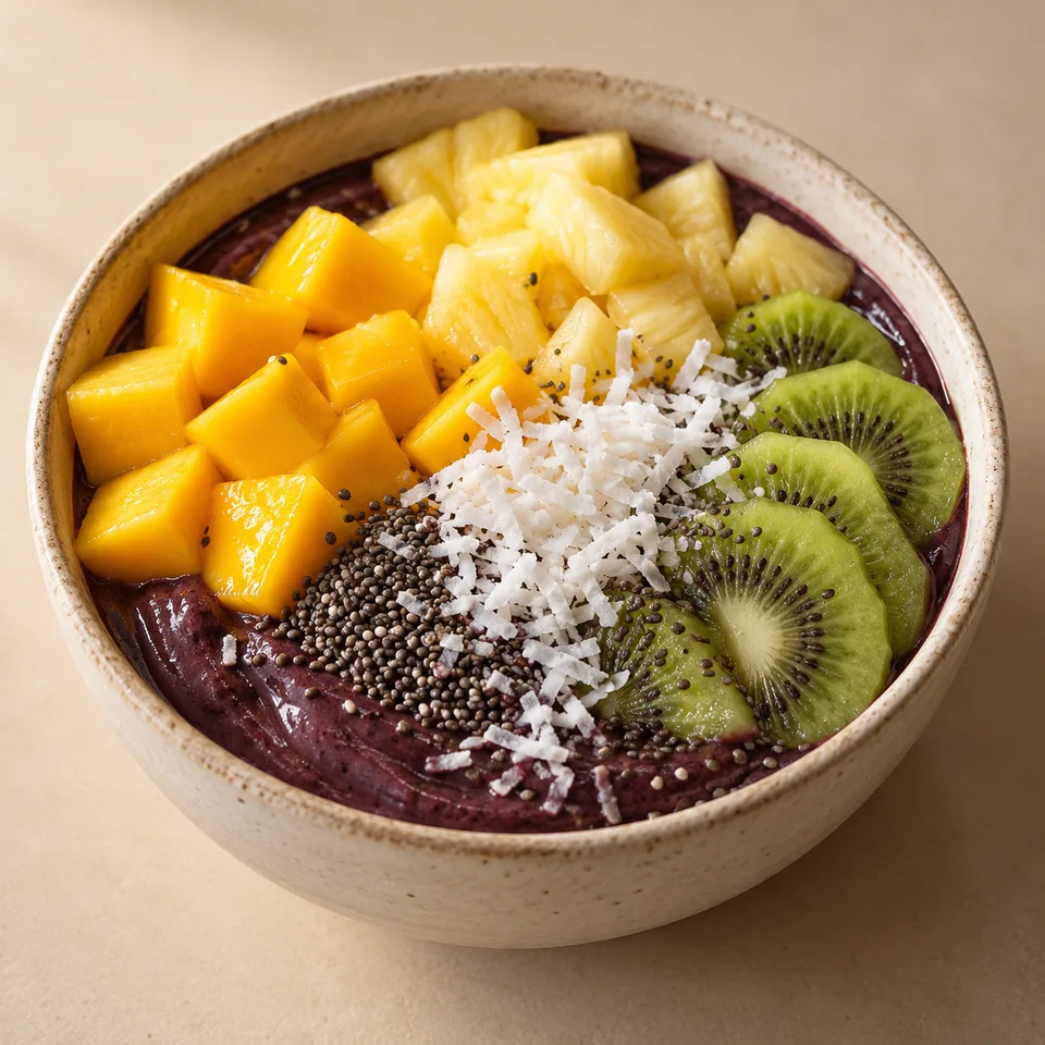 Bowl de açaí Tropical Karma con Mango, Piña, Kiwi, Coco rallado, Chía